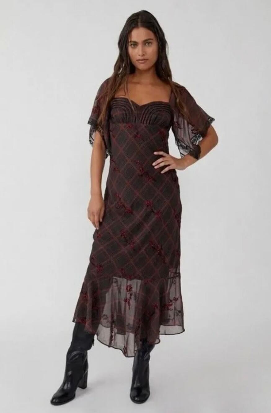 Free People Fallen Flowers Midi Dress - Red & Black Plaid - Embroidery - Size 8